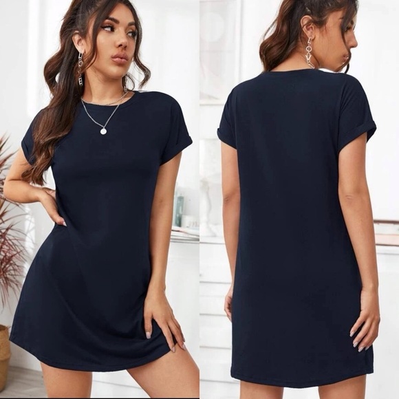 Rolled cuff short sleeve casual tee shirt dress black - Picture 4 of 5